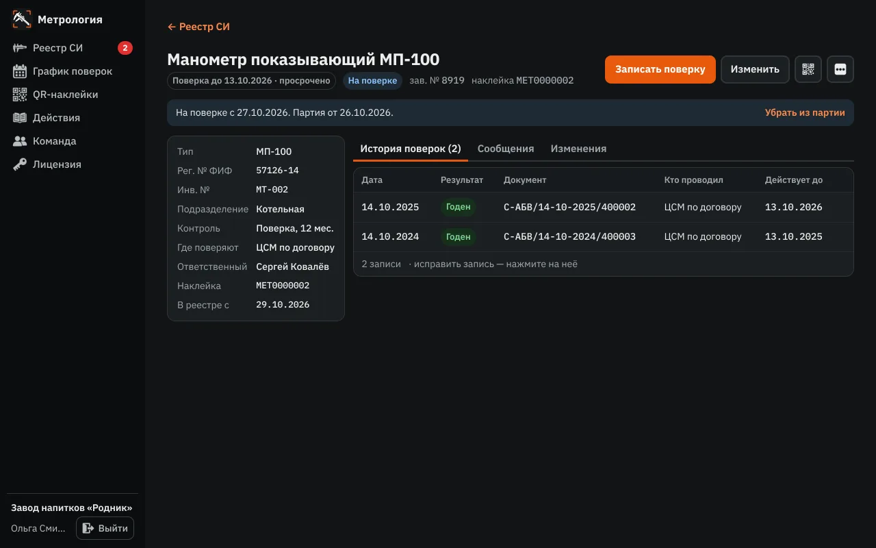Карточка средства измерений с историей поверок